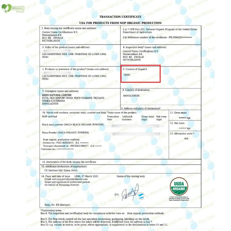 Biozhen organic Transaction Certificate